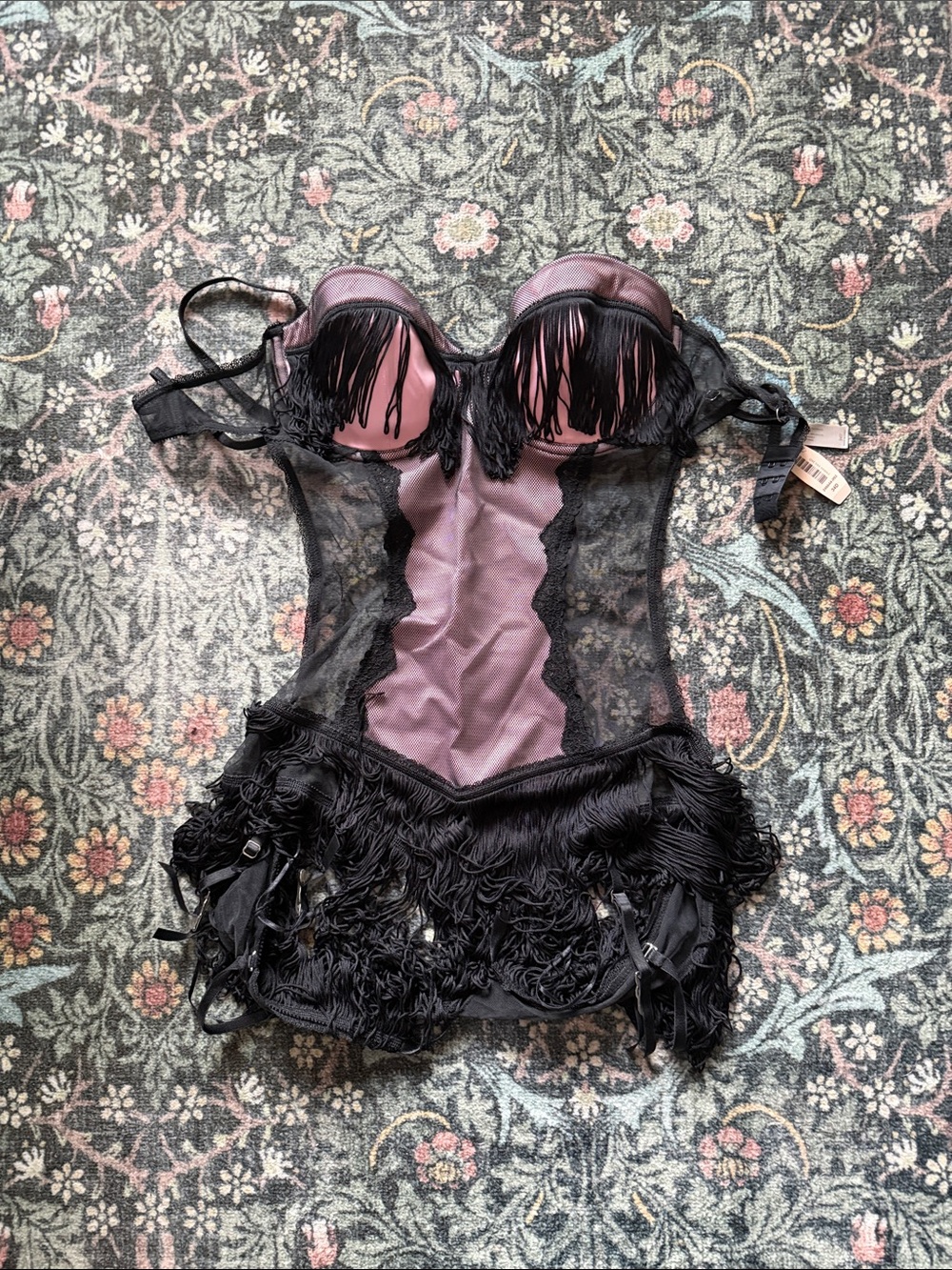 Victoria's Secret Mauve and Black Fringe Lace Bustier Chemise